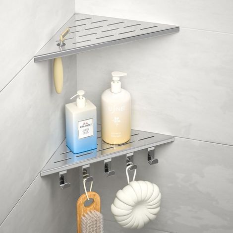 Etagere Douche Angle Lot de 2, étagère de Douche en Coin avec Crochets d'angle en Acier Inoxydable 304, Etagere Angle Salle de Bain 254mm, pour Mur carrelé, sans perçage, Polie (1/5)