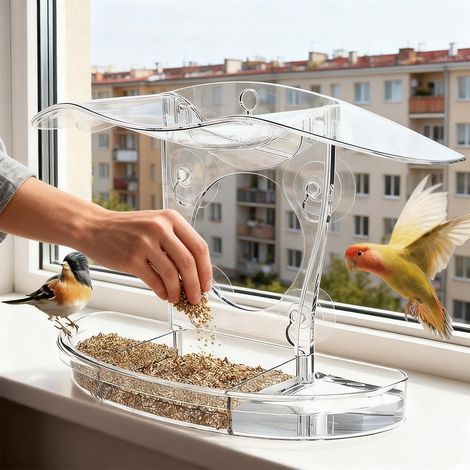 Vogelfutterhaus – Transparentes Acryl-Vogelhaus mit Saugnäpfen. Das transparente Design sorgt für guten Halt, die Samenschale lässt sich leicht befüllen, ideal als Beobachtungsposten für Aras und Papa (1/5)