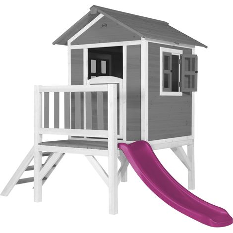 Axi Maison Enfant Beach Lodge Xl En Gris Avec Toboggan En Violet  Maison De Jeux En Bois Ffc Pour Les Enfants  Maisonnette / Cabane De Jeu Pour Le Jardin