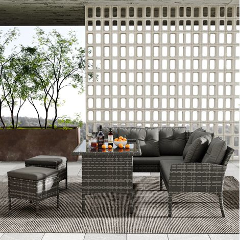 Ensemble de mobilier de jardin en résine tressée grise avec structure en métal, table en verre trempé, coussins déhoussables (1/5)