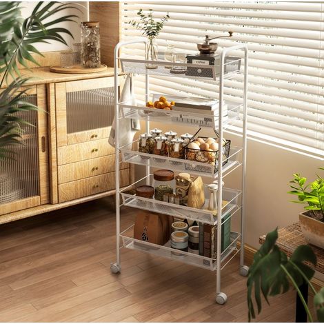 Carrello cucina 45 x 26,5 x 106 cm bianco con 5 cestelli, 4 ganci e ruote (1/5)