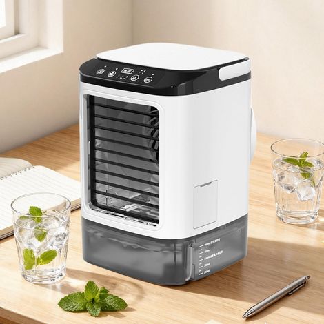 Mini Climatiseur Portable, Rafraîchisseur D'Air 900ml, 3 Vitesses Ventilateur Silencieux Avec Lumière Led Multicolore Et 2 Spray, Pour Table Bureau Maison Voiture Extérieur Intérieur (1/5)
