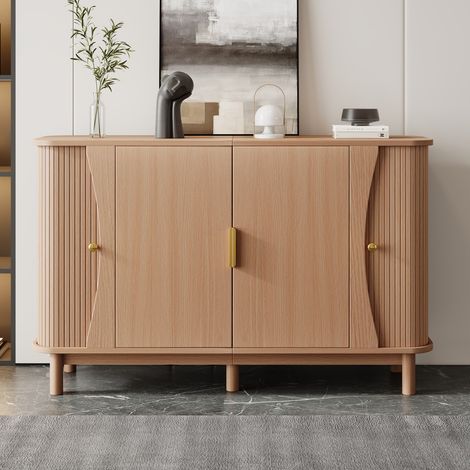 Buffet MDF aspect bois naturel 140x40x88cm bords incurvés, 2 portes coulissantes, rangement séjour couloir charge 60 kg (1/5)