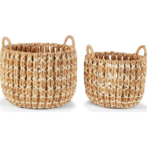 Panier en jacinthe d eau fait main déco naturelle beige blanc - Beige naturel et blanc tressé (1/4)