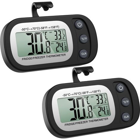 Thermomètre numérique pour réfrigérateur, lot de 2 thermomètres pour congélateur avec crochet, écran LCD, fonction Max/Min, idéal pour maison, bar et café – Noir (1/5)