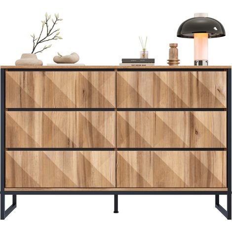 Sideboard buffet 6 tiroirs 120x40x80 cm, métal noir, pieds réglables, panneau de particules effet bois clair, style industriel – CHICFURN (1/5)