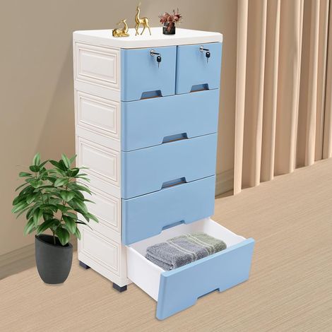 6-Schublade Kunststoff Kommode Aufbewahrungsschrank schubladenschrank Bad-Organisator Freistehender Aufbewahrungsschrank Schlafzimmer-Organisator mit 4 Rädern (Blau)