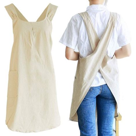 Tablier de cuisine pour femme - Tablier - Ustensiles de cuisine - Tablier à bretelles croisées - Idéal pour la pâtisserie - Kaki - Coton et lin kaki (1/5)