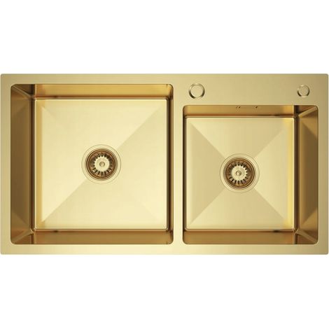 NAYES Doppelspülbecken 78x45, Edelstahl, goldfarbene PVD-Beschichtung, mit Wasserspender