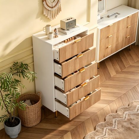 Buffet 5 tirtors, Commode Chambre 60 x 34 x 109.8, Meuble bas, Armoire Tiroirs, Tour de Rangement, pour Salon, Chambre, Salle à Manger, Blanc, couleur bois naturel (1/5)