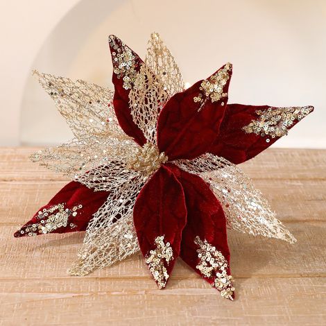 Fleur de Noël poinsettia décorative en velours bordeaux et paillettes dorées, ornement pour sapin et composition festive (1/4)