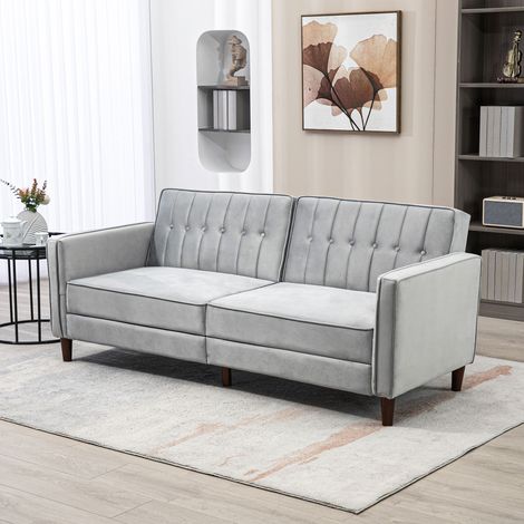 Sofá Cama de 3 Plazas Sofá Cama Convertible de Terciopelo con Respaldo Reclinable y Patas de Madera 189x80,5x78,5cm Gris (1/5)
