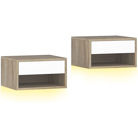 Lot 2 tables de nuit murales LED RGB commande app, étagère + tiroir, 37x32x21 cm, teck (1/5)