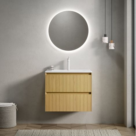 Mobile lavabo sospeso 61 cm in ceramica e compensato rovere dorato e bianco con 2 cassetti soft-close (1/5)