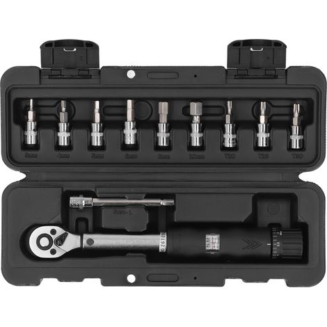 Clé dynamométrique réglable 2-14NM, double sens, jeu de 9 douilles 1/4", précision préréglée (1/5)