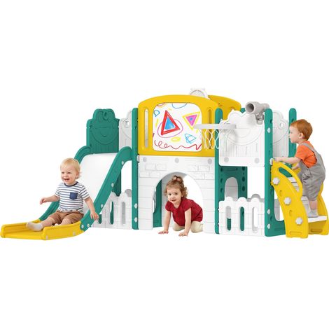 Aiyaplay – Toboggan pour enfant 7 en 1 – HDPE sécurisé – Dimensions 176L x 150l x 94H cm – Inclus télescope, panier de basket et tableau de dessin – Jaune (1/5)