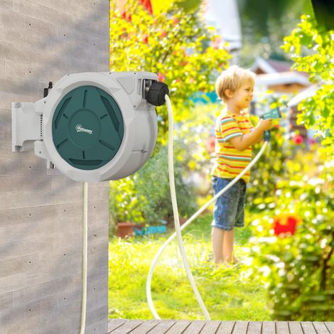Enrollador de manguera de jardín para montaje en pared, 30 m x Ø 15 mm, dispensador de manguera de agua retráctil automático, color gris.