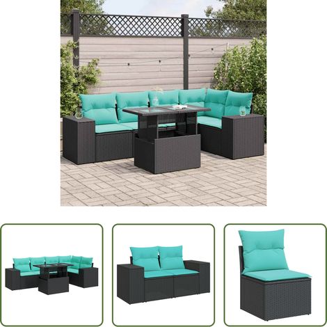Gartentisch - 6tlg. Garten-Sofagarnitur mit Kissen Schwarz Poly Rattan Akazie (1/5)