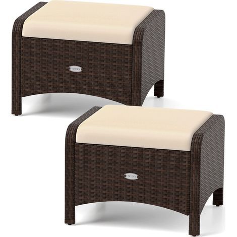 Set of 2 Brown Rattan Pouf Stools with Cushions
