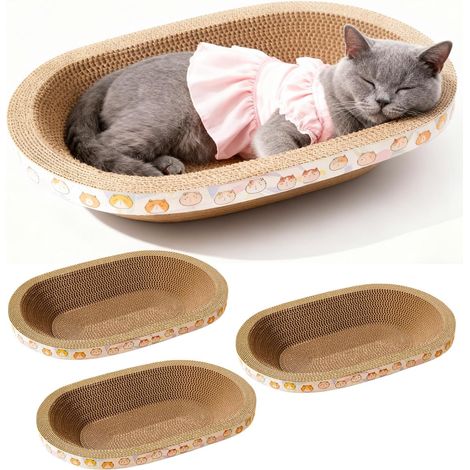 Lot de 3 Griffoirs pour Chat en Carton, Grand Panier Grattoir Ovale Tapis à Griffer d'Intérieur, Coussin Lit Bol à Gratter en Forme de Nid, Protecteur de Meubles pour l'Entretien des Griffes (1/5)