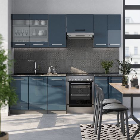 Cuisine Fame-Line, Bleu foncé brillant/Anthracite, 240 cm sans plan de travail, Vicco (1/5)