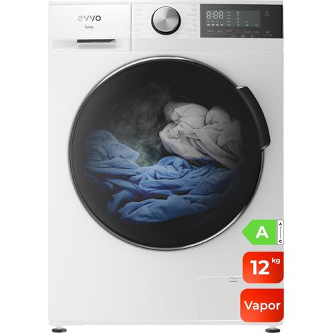 EVVO Lavadora 12 kg carga frontal Nova 12, 1350 rpm, Clase energética A, Motor Inverter, tambor diamante ePROTECT, 14 programas, Función vapor Steam Wash, Smart LOAD, Lavado Rápido 15', Inicio diferid