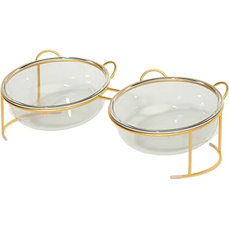 Gamelle Surélevée En Verre - Support Métal Antidérapant - Pour Chat Et Petit Chien - Lot De 2 Bols