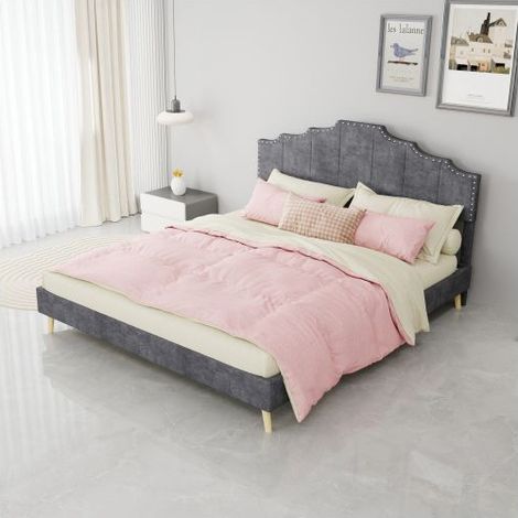 Lit Rembourré 160x200 - Gris Velours Doux - Lit double - Tissu Respirant, Pieds Antidérapants, Design Anti-collision (1/5)