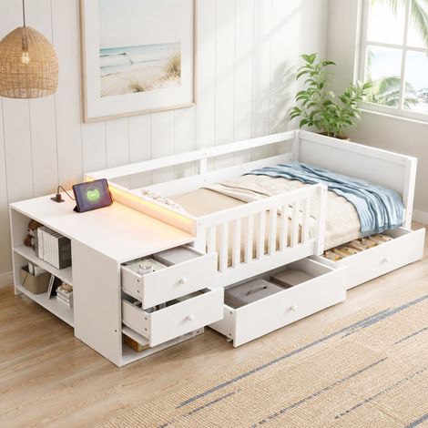 Cama alta infantil 90x200 cm con escritorio, almacenaje, LED y enchufe, blanco OKMYHOME (1/5)