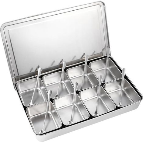 Silberne Gewürzbox aus Edelstahl mit 8 Fächern (1/4)