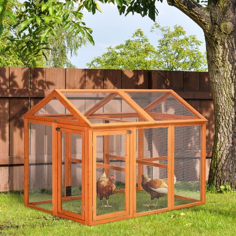 Enclos poulailler en bois avec grillage, parc pour volailles 140 x 88,5 x 106 cm, teinte orange (1/5)