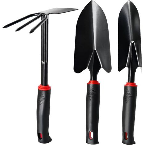 Ensemble de 3 outils de jardinage avec poignées antidérapantes - Ensemble professionnel en acier inoxydable pour planter, creuser et biner (van, pelle, houe double)