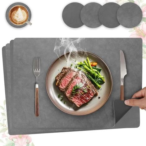 Set de table lavable et antidérapant, lot de 4 en cuir PU double face, 43x30cm, gris et gris fonc - Gris + Gris Foncé Carré Lot de 4 (1/5)