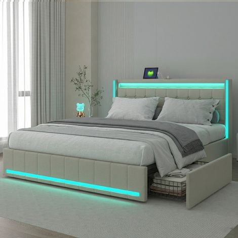 Lit 140x200 cm avec éclairage LED et prises USB Type-C, lit rembourré avec 4 tiroirs et sommier à lattes, lit double avec tête de lit rembourrée, cadre de lit avec rangement, tissu en lin, pour adulte (1/5)