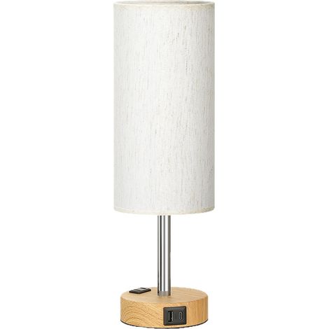 Lampe de chevet avec ports de chargement USB-C, petite lampe avec base en bois et abat-jour rond en lin, idéale pour le salon ou un bureau. Ampoule LED incluse. (1/5)