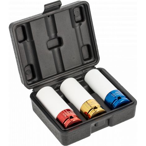 Juego de vasos de impacto para llantas de aluminio Hogert, 3 piezas 1/2", protección plástica, uso profesional, alta resistencia para talleres mecánicos