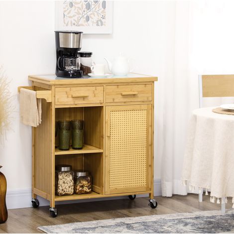 Chariot de cuisine 84/36/85 cm en bambou naturel avec tiroirs, étagères et roulettes (1/5)