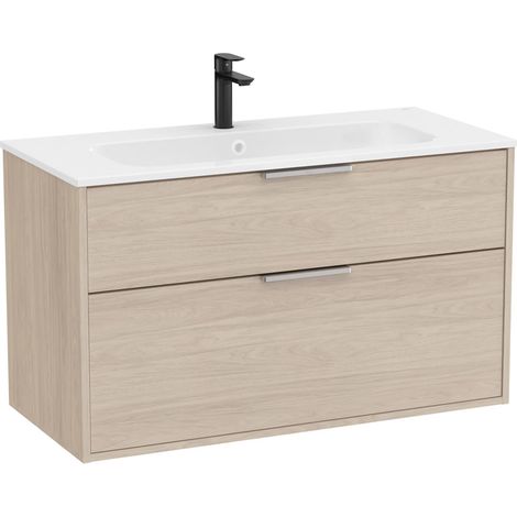 Pack meuble unik "OPTICA" 1000 - 2 tiroirs + lavabo plan en Stonex - Frêne clair - Roca (1/2)