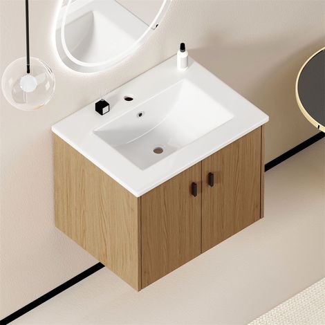Meuble de Salle de Bain - 60cm - Meuble Sous-Vasque avec 2 Portes à Fermeture Douce et Plan Céramique - Chêne Clair (1/5)