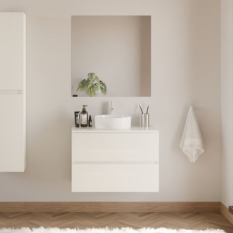 Meuble de salle de bain 70cm avec plateau et vasque à poser ronde - 2 tiroirs - blanc brillant - IDA (1/5)