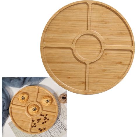 Plateau de service en bambou, plateau décoratif en bois, multifonctionnel et artisanal, idéal pour pouf, table basse, boissons et petit-déjeuner. Forme ronde. Dimensions : environ 20 x 20 x 1,4 cm. (1/5)