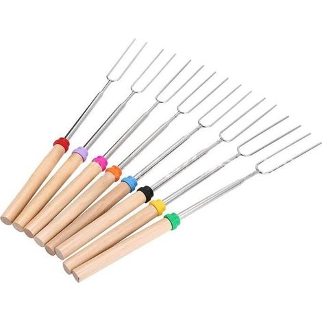 8 fourchettes barbecue camping, télescopiques en acier inoxydable avec poignée bois, idéales pour grillades extérieures et pique-niques