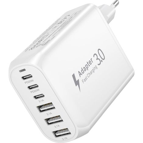 Chargeur USB C Rapide, 60W 6 Port Prise Multiple pour 17 16 15 Pro Chargeur Secteur USB C PD+QC 3.1A Prise Secteur USB C Adaptateur USB pour 14 13 12 11 Pro, S25/S24/S23/S22/S21 (1/5)