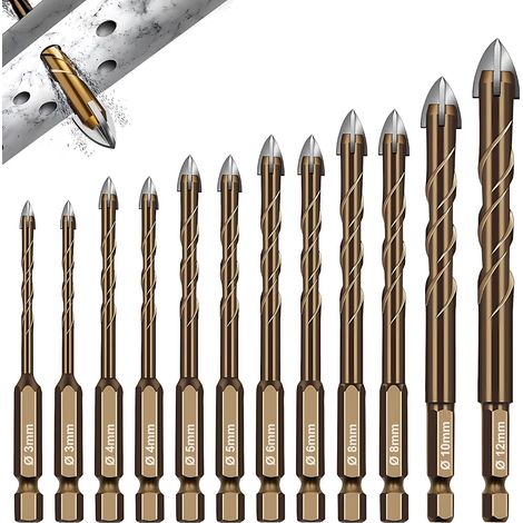 Set of 12 universal tile drill bits from 3 to 12 mm in diameter - With hexagonal shank - For metal, brick, glass, plastic, wood (1/5)