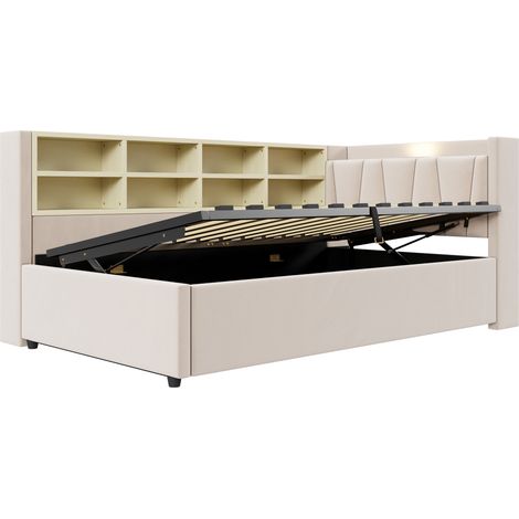 Polsterbett 90 x 200 cm mit hydraulischem Stauraum, LED, USB und USB-C, Beige (1/5)