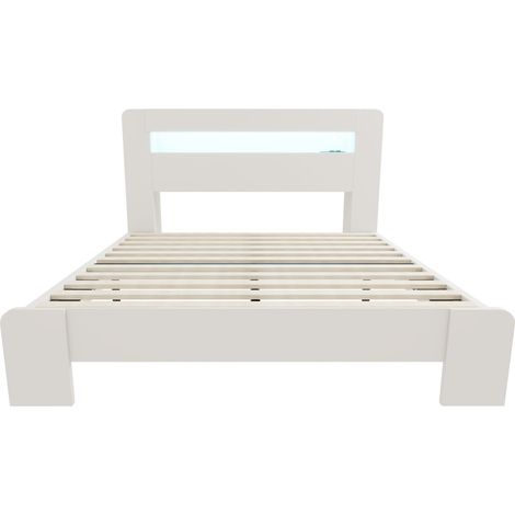 Cama plataforma de madera blanca 140 x 200 cm con almacenaje, LED y enchufes integrados (1/5)