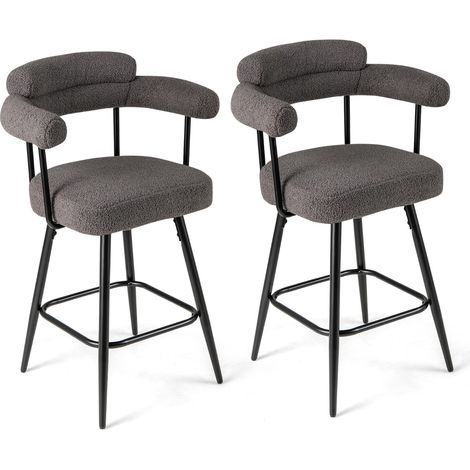 Sedie moderne imbottite in boucle con gambe in metallo e poggiapiedi per isola cucina, Set di 2 sgabelli da bar girevoli Grigio (1/4)