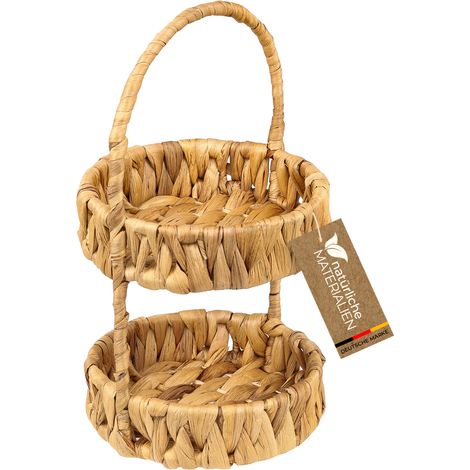 HMF Etagere mit 2 Etagen geflochten aus Wasserhyazinthe, runde Aufbewahrungskörbe mit Henkel, Dekotablett für Küche, Badezimmer und Wohnbereich, 30 x 17 x 17 cm, Natur