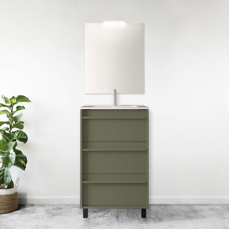 Mobile bagno a terra 60 cm 3 cassetti in legno verde satinato con lavabo ad incasso - Astoria - 60 cm Con colonna specchio e lampada LED - Misura: 60 cm - Accessorio: Standard