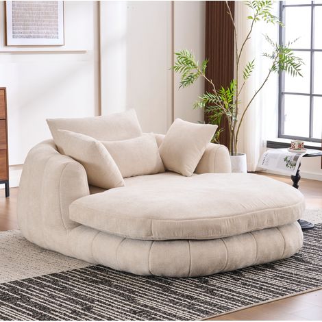 Chaise longue 184,4x144,8x76,5 cm in tessuto ciniglia bianco, con cuscini, per soggiorno FloraGrace (1/5)